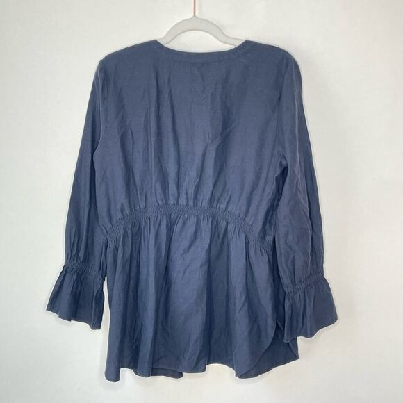 LOFT Blue Cotton Button Front Ruffle Sleeve Shirt Jacket Medium Blouse - Picture 2 of 7